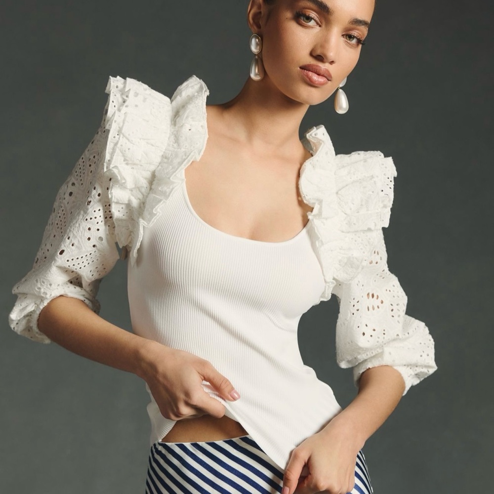 brand new Anthropologie Dolan Left Coast DOLAN Eyelet Ruffle-Sleeve Sweater Whit
